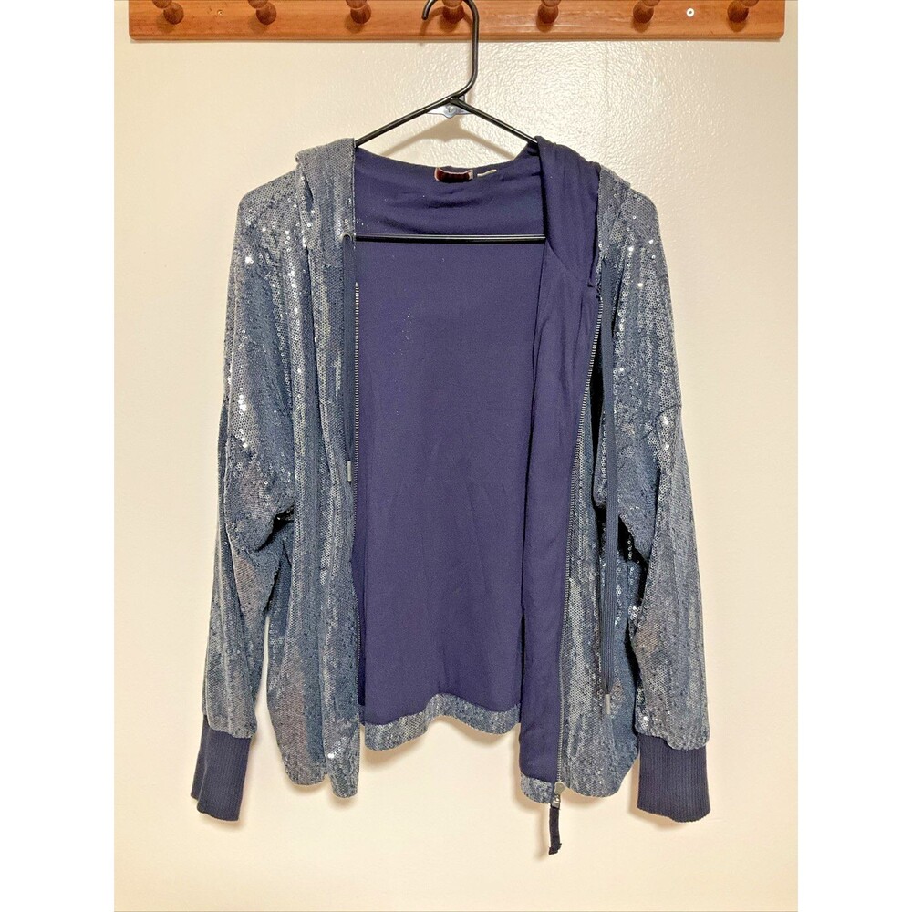 Anthro Postmark Women’s M Blue Sequin Hooded Full Zip Sweater